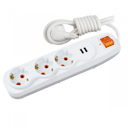 Nilson Сетевой фильтр 3-местн. с заз. конт., 2 порта USB 2,4А, 1,5 м. (44134115)